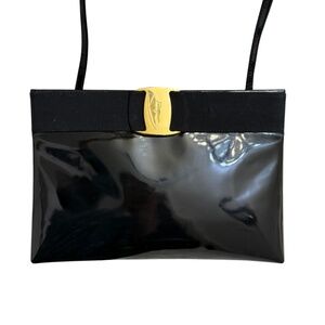 Ferragamo Vera black leather vintage clutch shoulder bag black patent leather ra